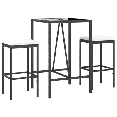 vidaXL 3 Piece Garden Bar Set with Cushions Black Poly Rattan