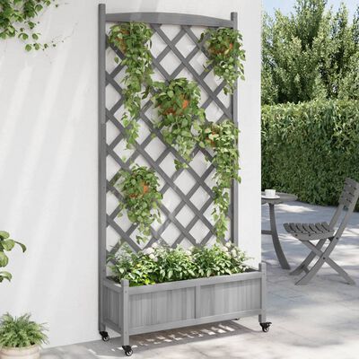 vidaXL Planter with Trellis and Wheels Grey Solid Wood Fir