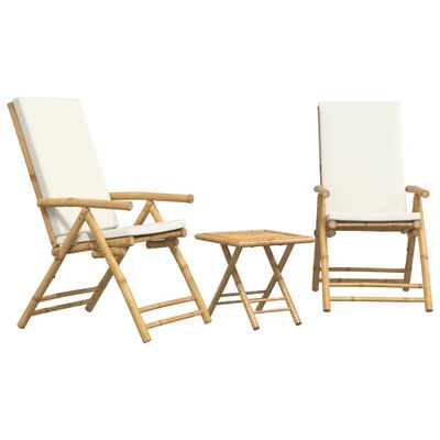 vidaXL 3 Piece Folding Bistro set with Cream White Cushions Bamboo