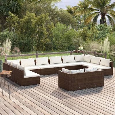 vidaXL 12 Piece Garden Lounge Set with Cushions Brown Poly Rattan