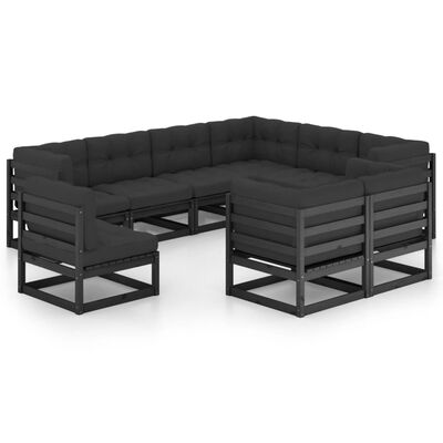 vidaXL 9 Piece Garden Lounge Set with Cushions Black Solid Pinewood