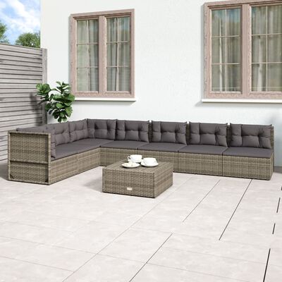 vidaXL 7 Piece Garden Lounge Set with Cushions Grey Poly Rattan