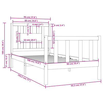 vidaXL Bed Frame without Mattress Black 90x190 cm Single Solid Wood