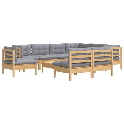 vidaXL 10 Piece Garden Lounge Set with Grey Cushions Solid Pinewood