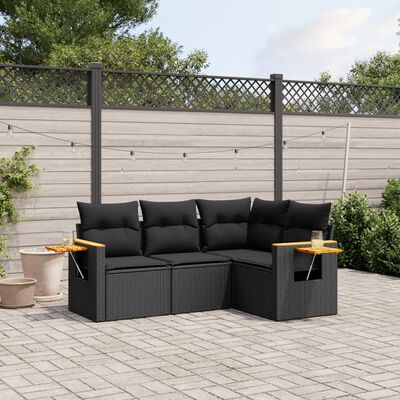 vidaXL 4 Piece Garden Sofa Set with Cushions Black Poly Rattan