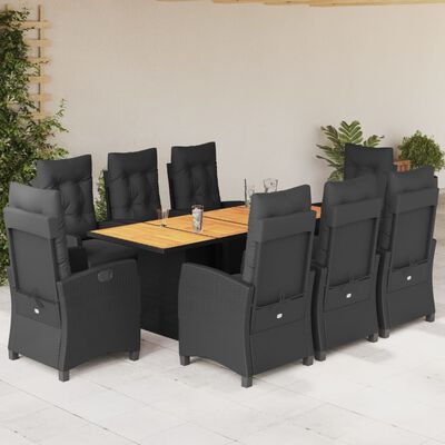 vidaXL 9 Piece Garden Dining Set with Cushions Black Poly Rattan