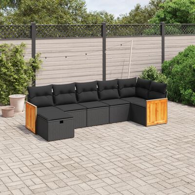 vidaXL 7 Piece Garden Sofa Set with Cushions Black Poly Rattan