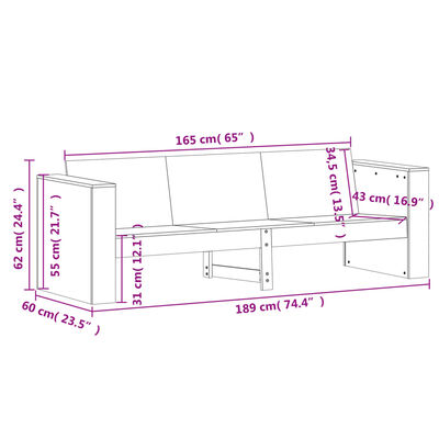 vidaXL Garden Sofa 3-Seater White 189x60x62 cm Solid Wood Pine