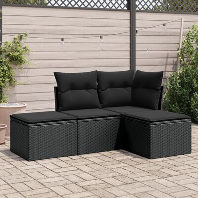 vidaXL 4 Piece Garden Sofa Set with Cushions Black Poly Rattan