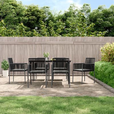 vidaXL 7 Piece Garden Dining Set with Cushions Black Poly Rattan and Steel