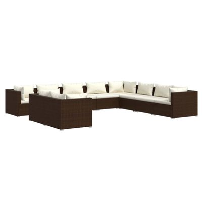 vidaXL 10 Piece Garden Lounge Set with Cushions Brown Poly Rattan