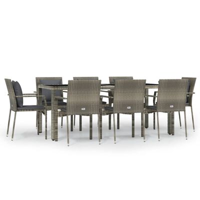 vidaXL 9 Piece Garden Dining Set with Cushions Grey Poly Rattan