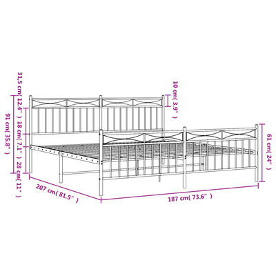 vidaXL Metal Bed Frame without Mattress with Footboard White 180x200 cm Super King