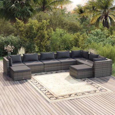 vidaXL 9 Piece Garden Lounge Set with Cushions Poly Rattan Grey