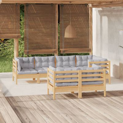 vidaXL 7 Piece Garden Lounge Set with Grey Cushions Solid Pinewood