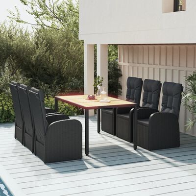 vidaXL 7 Piece Garden Dining Set with Cushions Black Poly Rattan