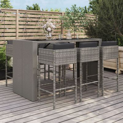 vidaXL 7 Piece Garden Bar Set with Cushions Grey Poly Rattan