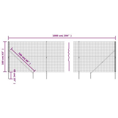 vidaXL Wire Mesh Fence with Spike Anchors Anthracite 1.6x10 m