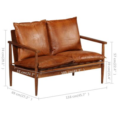 vidaXL 2-Seater Sofa Real Leather with Acacia Wood Brown