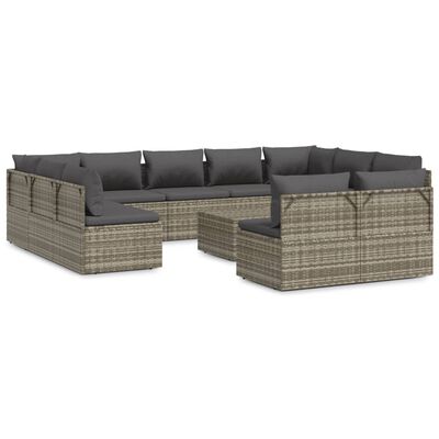 vidaXL 12 Piece Garden Lounge Set with Cushions Grey Poly Rattan