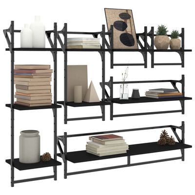 vidaXL 6 Piece Wall Shelf Set with Bars Black Engineered Wood