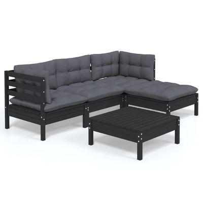 vidaXL 5 Piece Garden Lounge Set with Cushions Black Pinewood