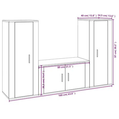 vidaXL 3 Piece TV Cabinet Set High Gloss White Engineered Wood