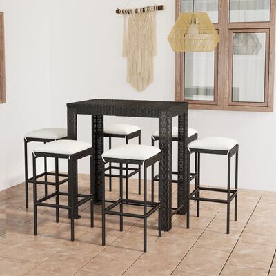 vidaXL 7 Piece Garden Bar Set with Cushions Poly Rattan Black