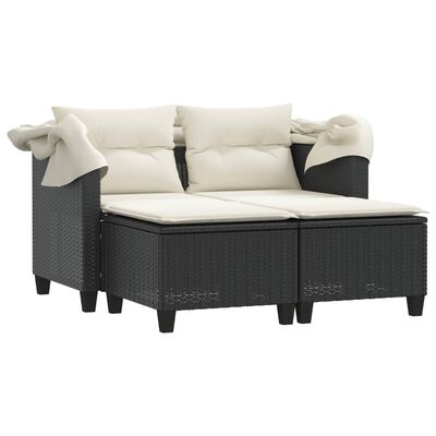 vidaXL Garden Sofa 2-Seater with Canopy and Stools Black Poly Rattan