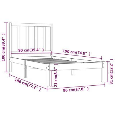 vidaXL Bed Frame Black Solid Wood Pine 90x190 cm Single