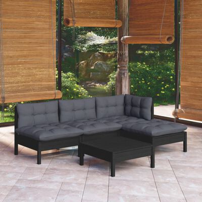 vidaXL 5 Piece Garden Lounge Set with Cushions Black Pinewood