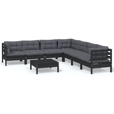 vidaXL 8 Piece Garden Lounge Set with Cushions Black Solid Pinewood