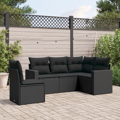 vidaXL 5 Piece Garden Sofa Set with Cushions Black Poly Rattan