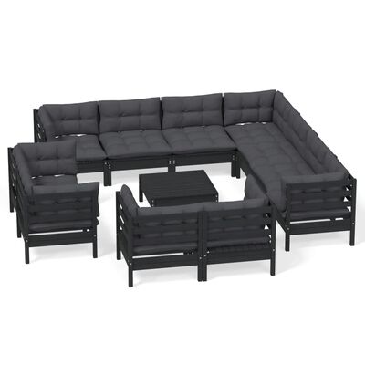 vidaXL 12 Piece Garden Lounge Set with Cushions Black Solid Pinewood