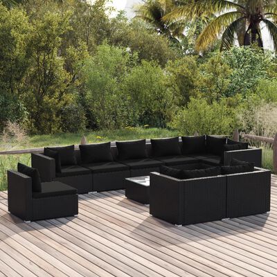 vidaXL 10 Piece Garden Lounge Set with Cushions Poly Rattan Black