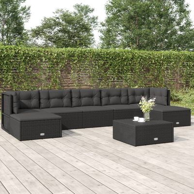 vidaXL 7 Piece Garden Lounge Set with Cushions Black Poly Rattan