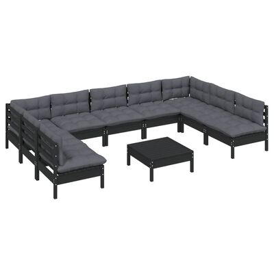 vidaXL 10 Piece Garden Lounge Set with Cushions Black Solid Pinewood