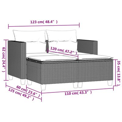 vidaXL Garden Sofa 2-Seater with Stools Grey Poly Rattan