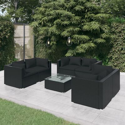 vidaXL 7 Piece Garden Lounge Set with Cushions Poly Rattan Black