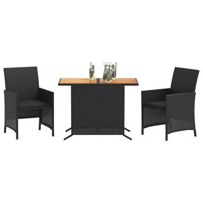 vidaXL 3 Piece Bistro Set with Cushions Black Poly Rattan