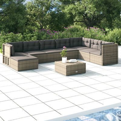 vidaXL 9 Piece Garden Lounge Set with Cushions Grey Poly Rattan