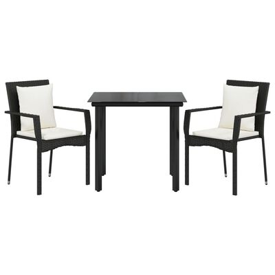 vidaXL 3 Piece Garden Dining Set with Cushions Black Poly Rattan