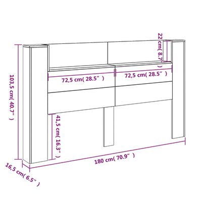 vidaXL Headboard Cabinet with LED Black 180x16.5x103.5 cm