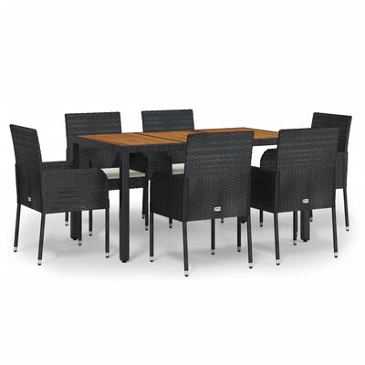 vidaXL 7 Piece Garden Dining Set with Cushions Black Poly Rattan