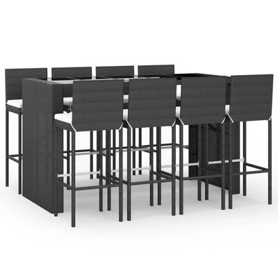 vidaXL 9 Piece Garden Bar Set with Cushions Black Poly Rattan