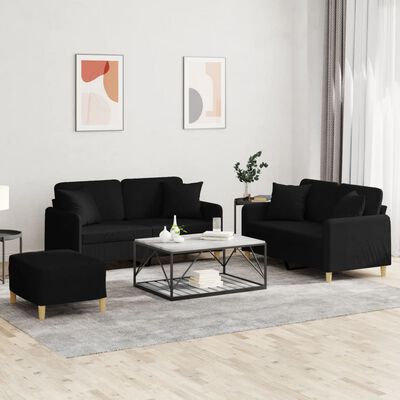 vidaXL 3 Piece Sofa Set with Pillows Black Fabric