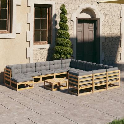 vidaXL 12 Piece Garden Lounge Set with Cushions Black Solid Pinewood