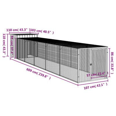 vidaXL Chicken Cage with Run Light Grey 110x609x110 cm Galvanised Steel