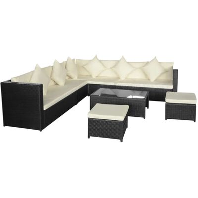 vidaXL 8 Piece Garden Lounge Set with Cushions Poly Rattan Black