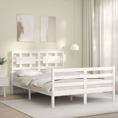 vidaXL Bed Frame with Headboard White Double Solid Wood